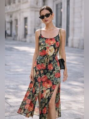 🔥SALE🔥 Anna Kaci Long Floral Rose Slip Dress Satin Double Side Slit S